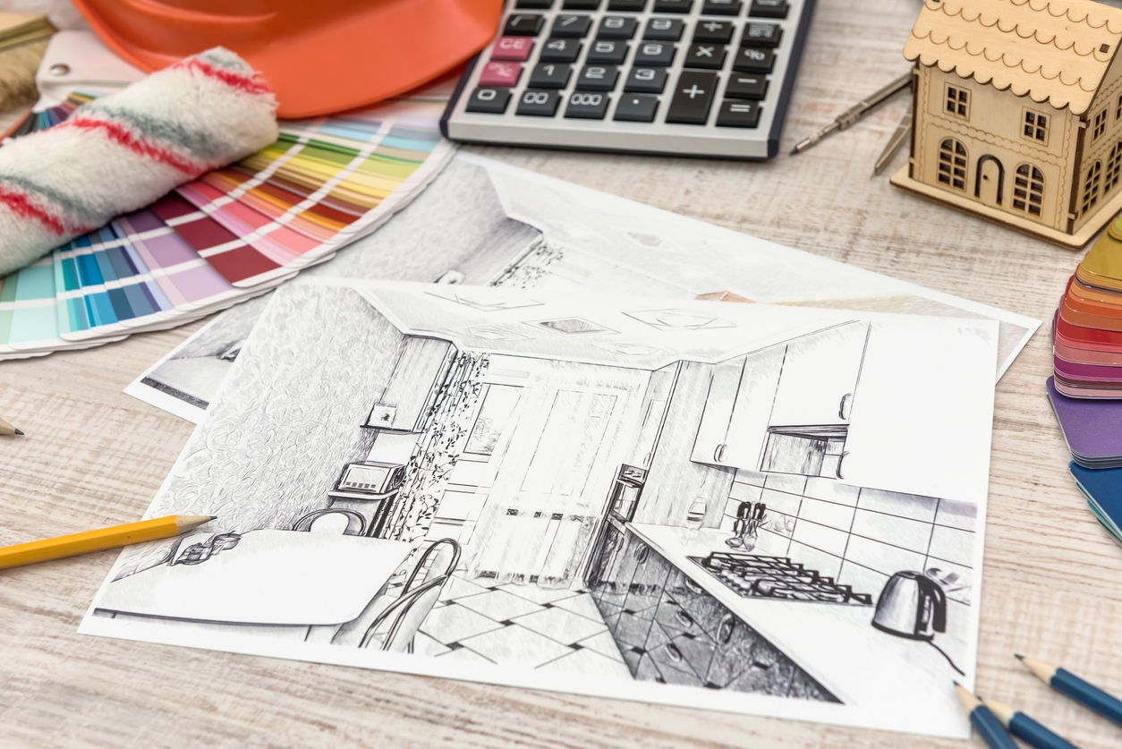modern drawing pencil sketch of a room. Interior design projects concept