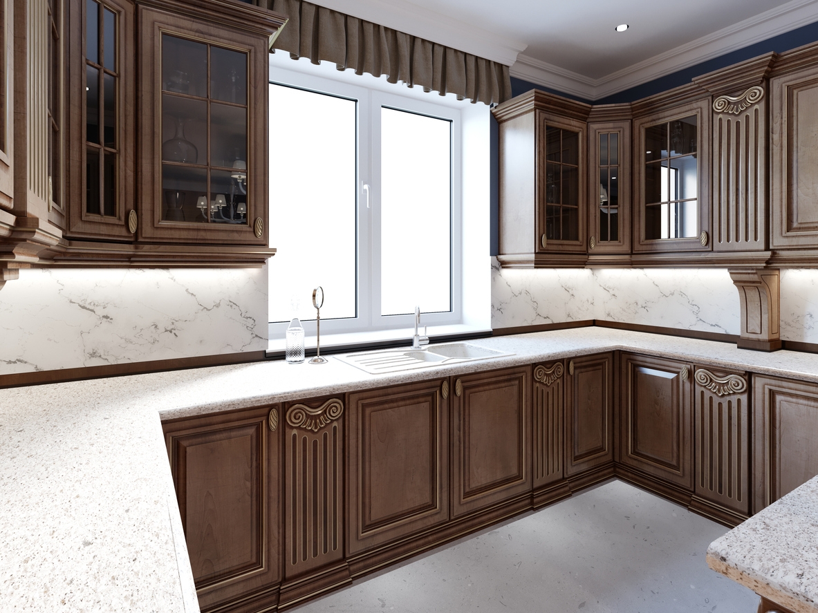 Modern kitchen room with new storage combination and appliances.